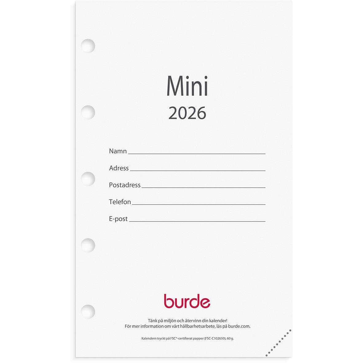 Mini kalender för 2026 med plats för namn, adress, postnummer, telefon och e-post