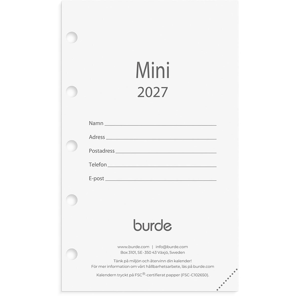 Mini kalender för 2026 med plats för namn, adress, postnummer, telefon och e-post