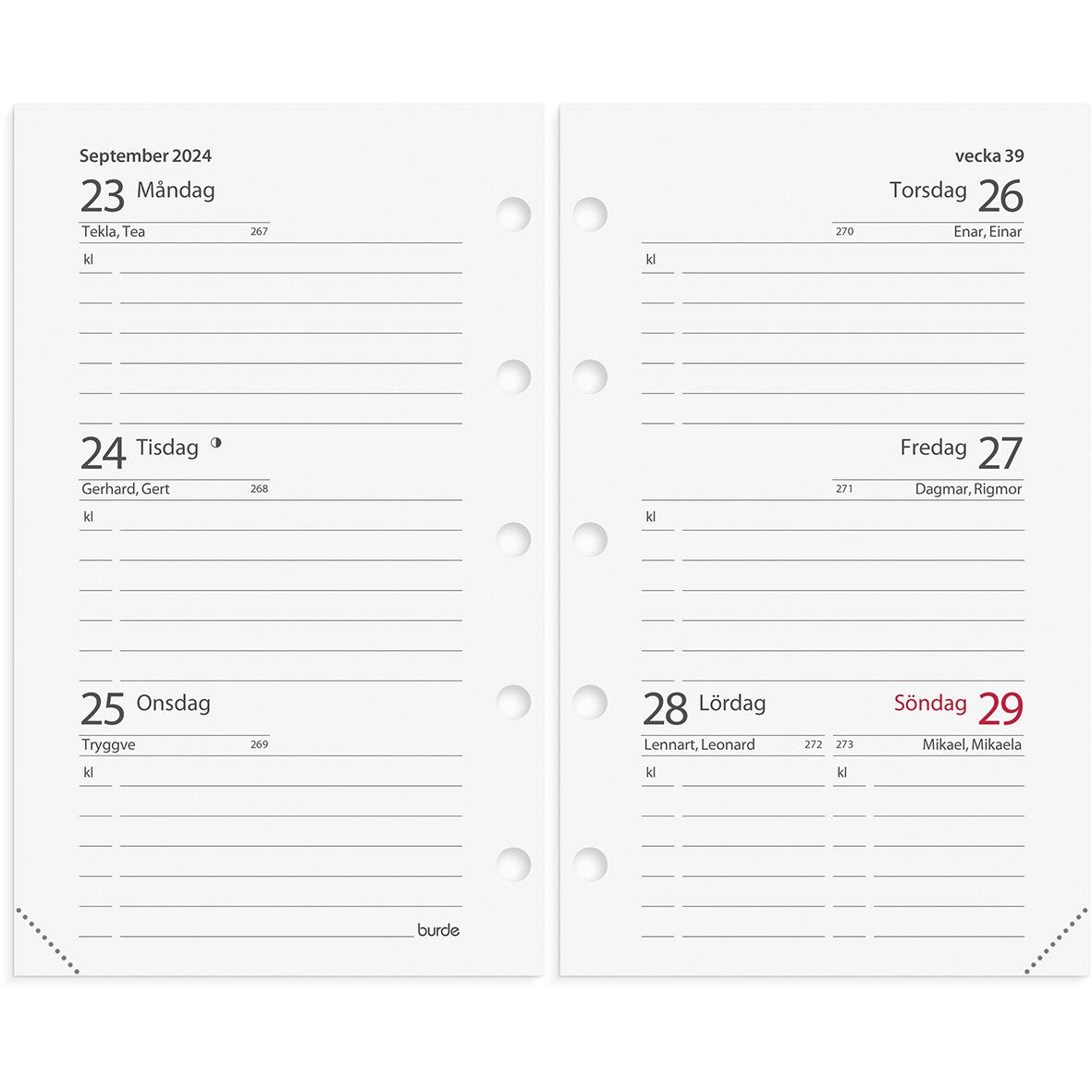 Mini systemkalender för 2024 i konstläder med grönt omslag, visar veckodagar och datum för september 2024