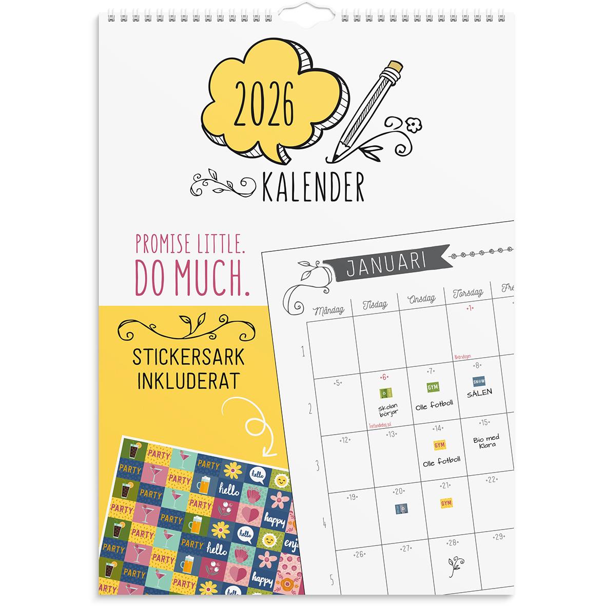 Väggkalender för 2026 med doodle-design, inkluderar klistermärken och januari månad synlig