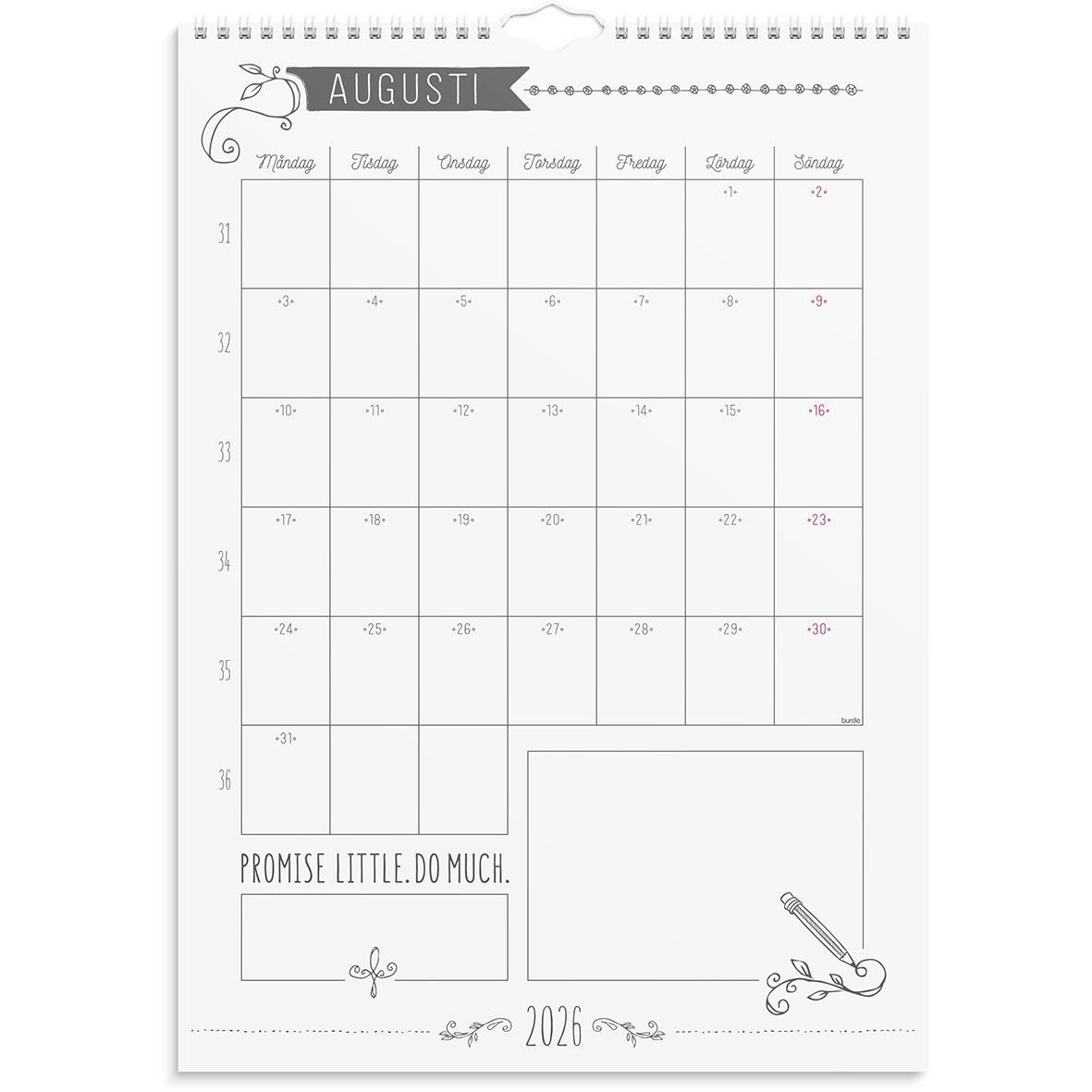 Väggkalender för augusti 2026 med doodle och plats för anteckningar