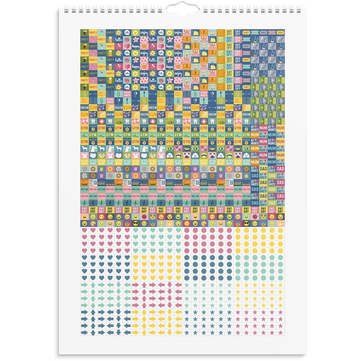 Väggkalender med färgglada små ikoner och mönster för året 2026