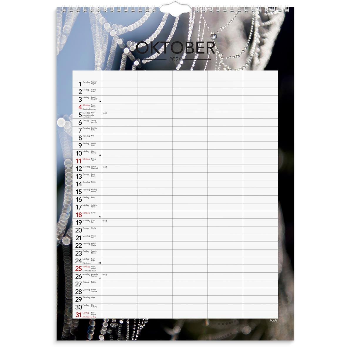 Väggkalender för oktober 2026 med plats för anteckningar och familjeplanering
