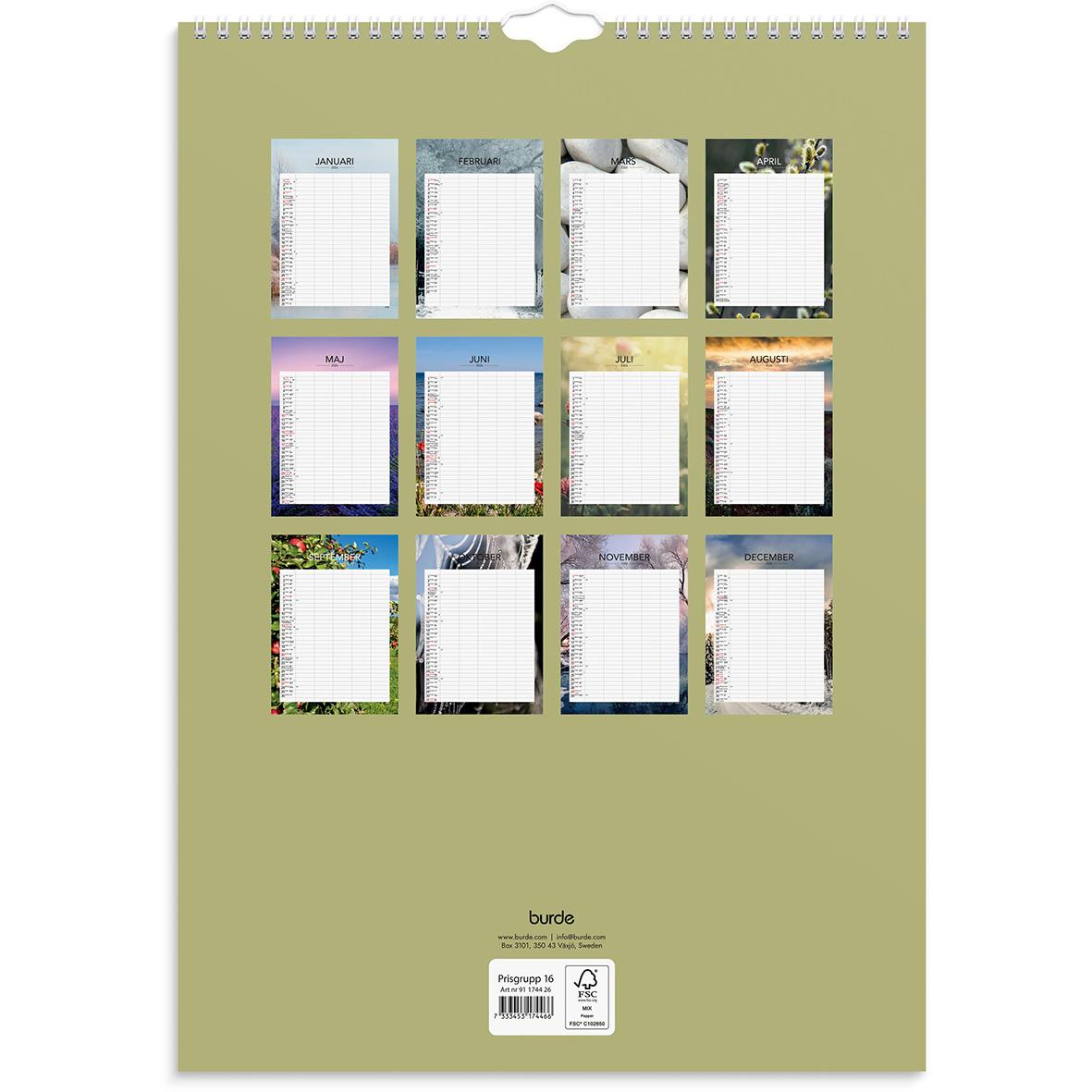 Väggkalender Burde 1744 Familjekalender för 2026 med olika månadsblad