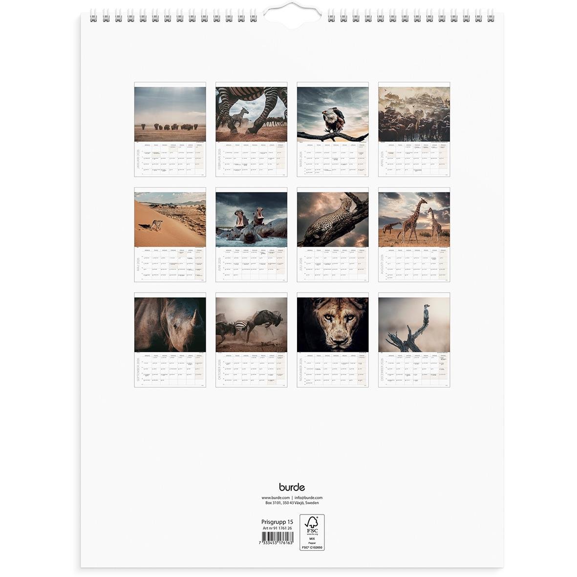 Väggkalender Burde 1761 Savannen för 2026 med bilder av savannlandskap och djur