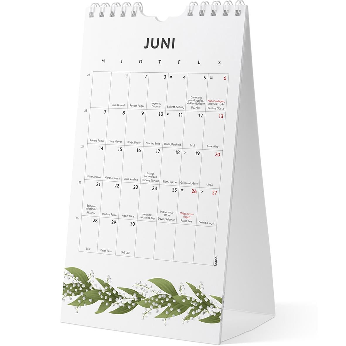 Väggkalender för juni 2026 med blomsterdekor och plats för anteckningar