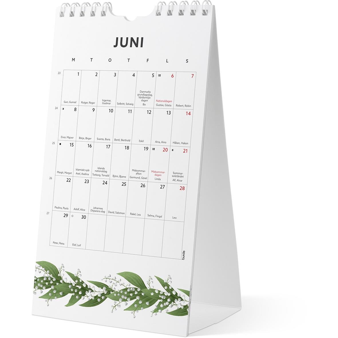 Väggkalender för juni 2026 med blomsterdekor och plats för anteckningar