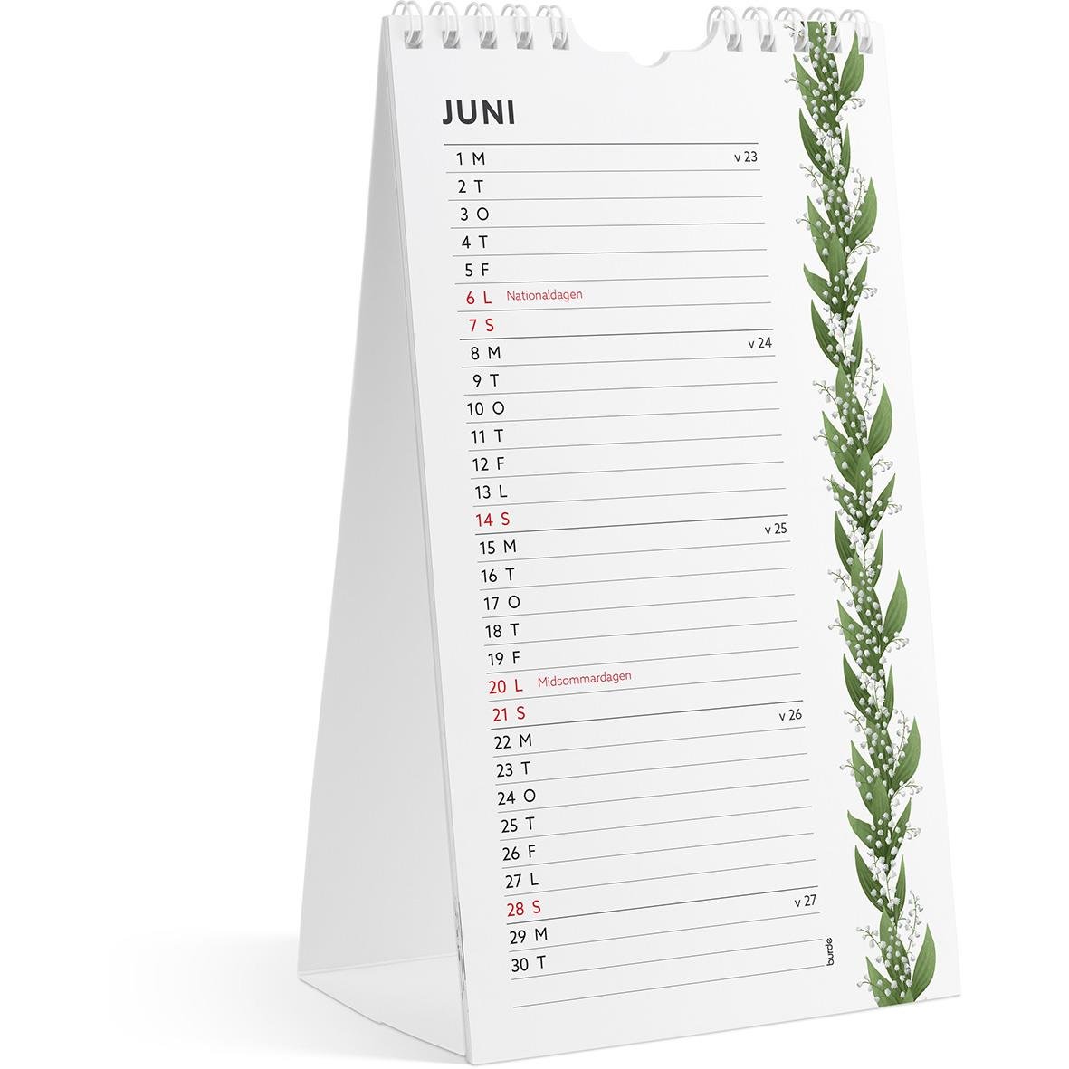 Väggkalender för juni 2026 med växtmotiv och plats för anteckningar