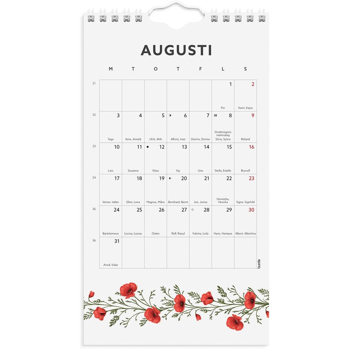 Väggkalender för augusti 2023 med röda blommor och grönt bladverk längst ner