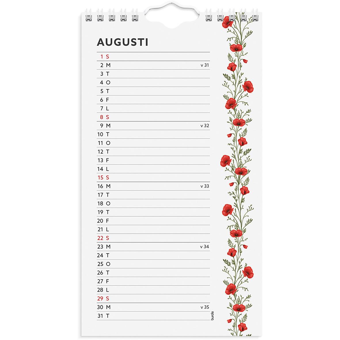 Väggkalender för augusti 2023 med blomsterdekor längs höger sida