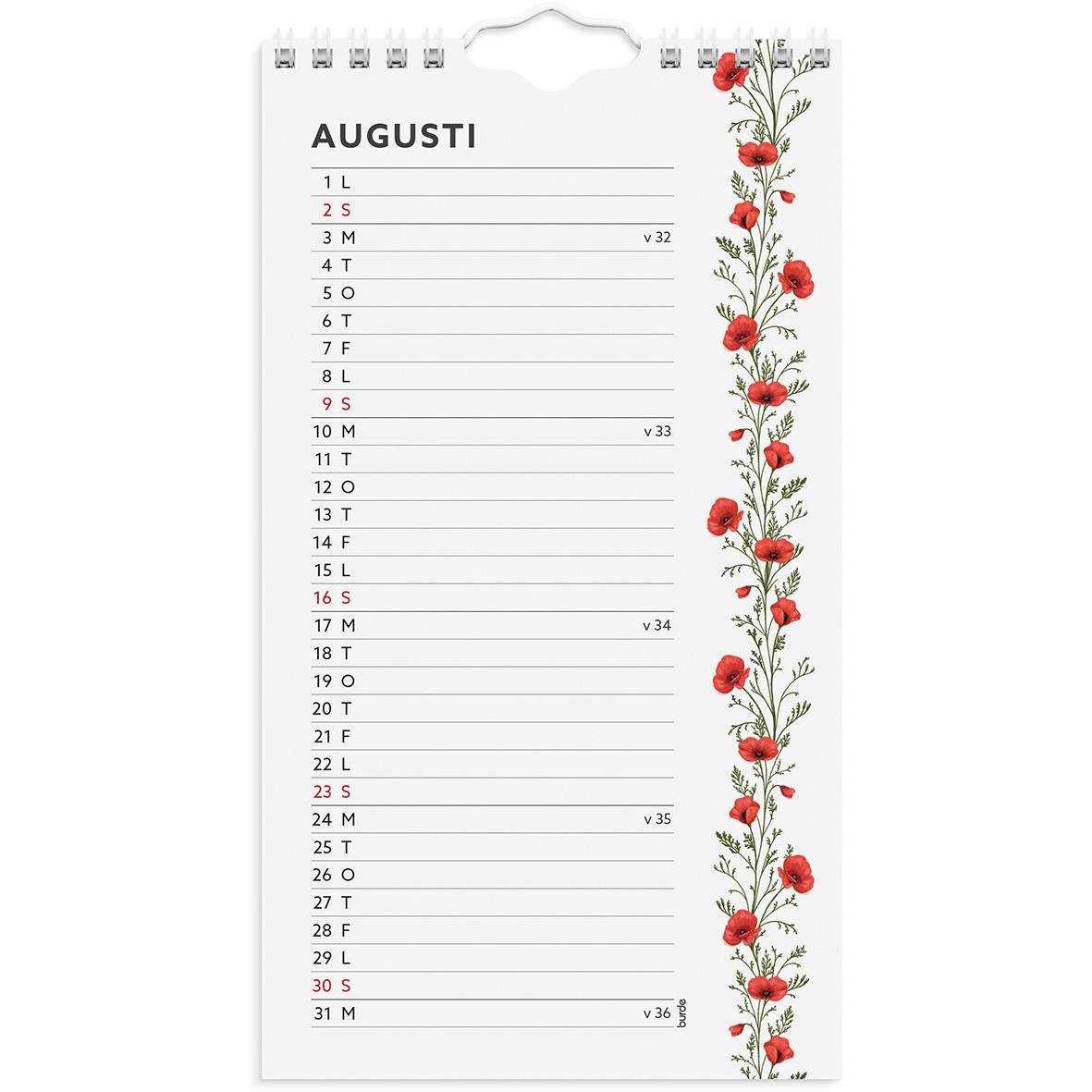 Väggkalender för augusti 2023 med blomsterdekor längs höger sida