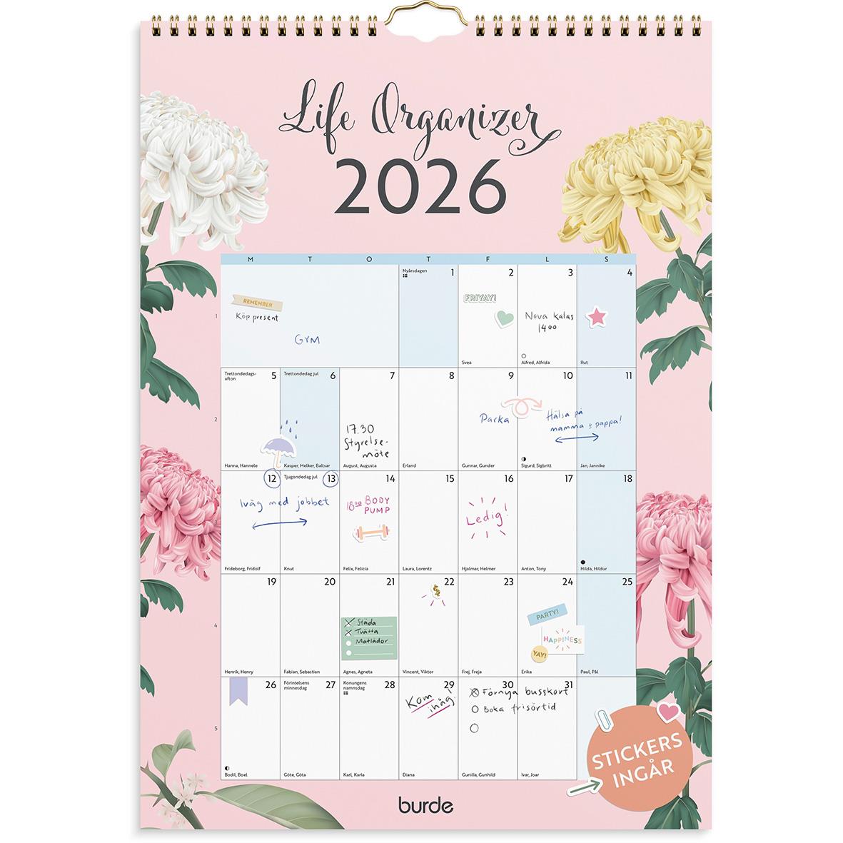 Väggkalender för 2026 med blomsterdekorationer och plats för att organisera livet, inklusive klistermärken och inbjudningar