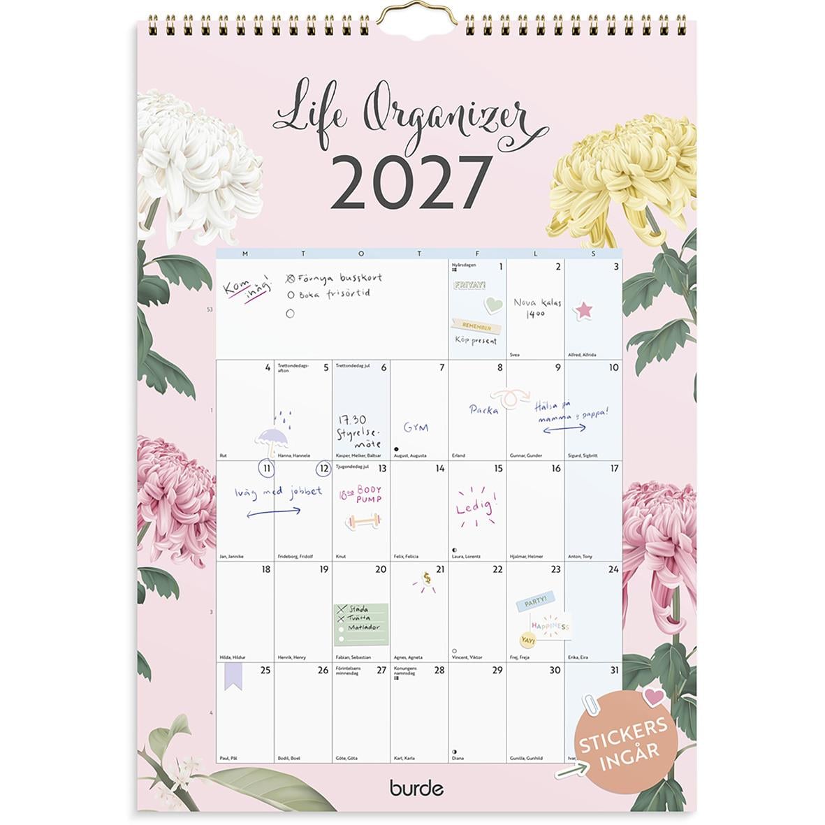 Väggkalender för 2026 med blomsterdekorationer och plats för att organisera livet, inklusive klistermärken och inbjudningar