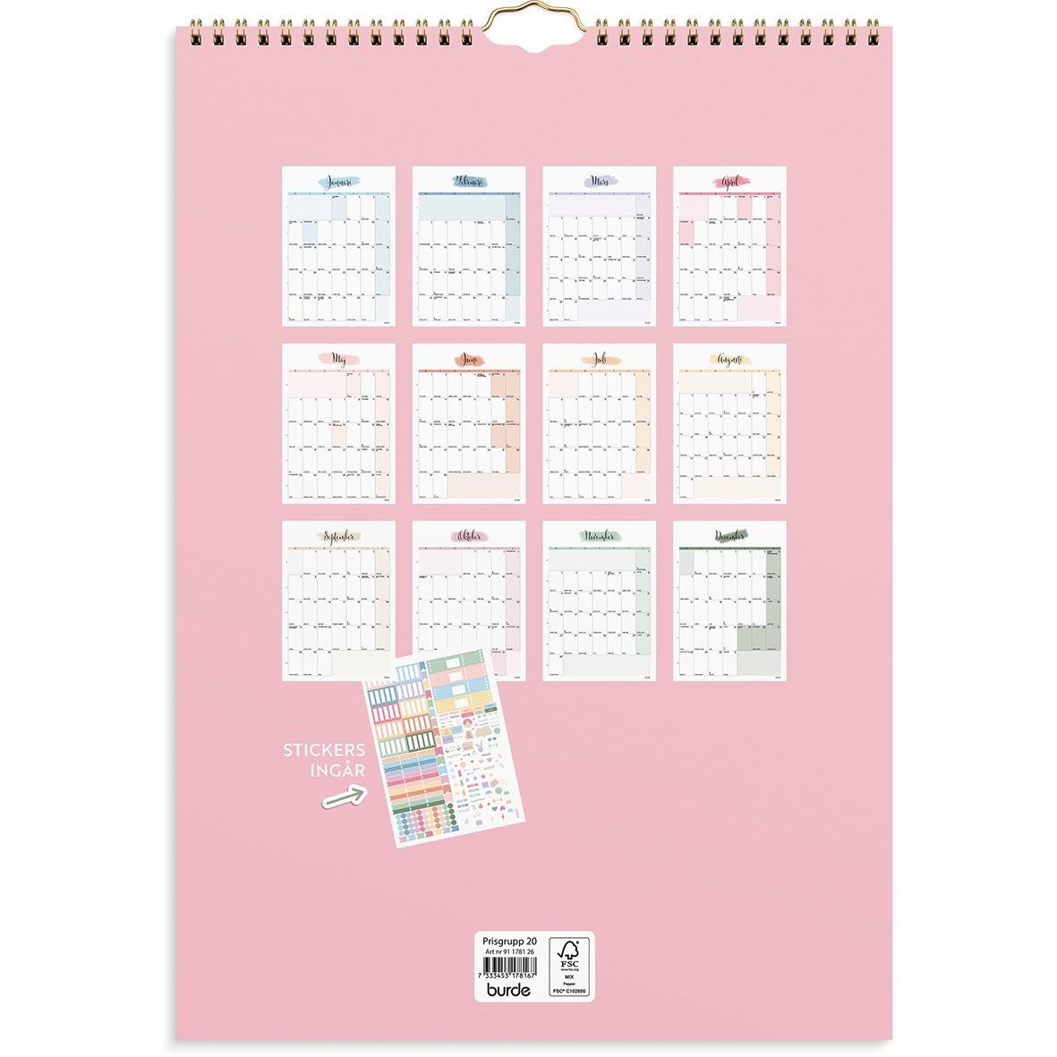 Väggkalender Burde 1781 för 2026 med månadsvis vy och klistermärken på rosa bakgrund
