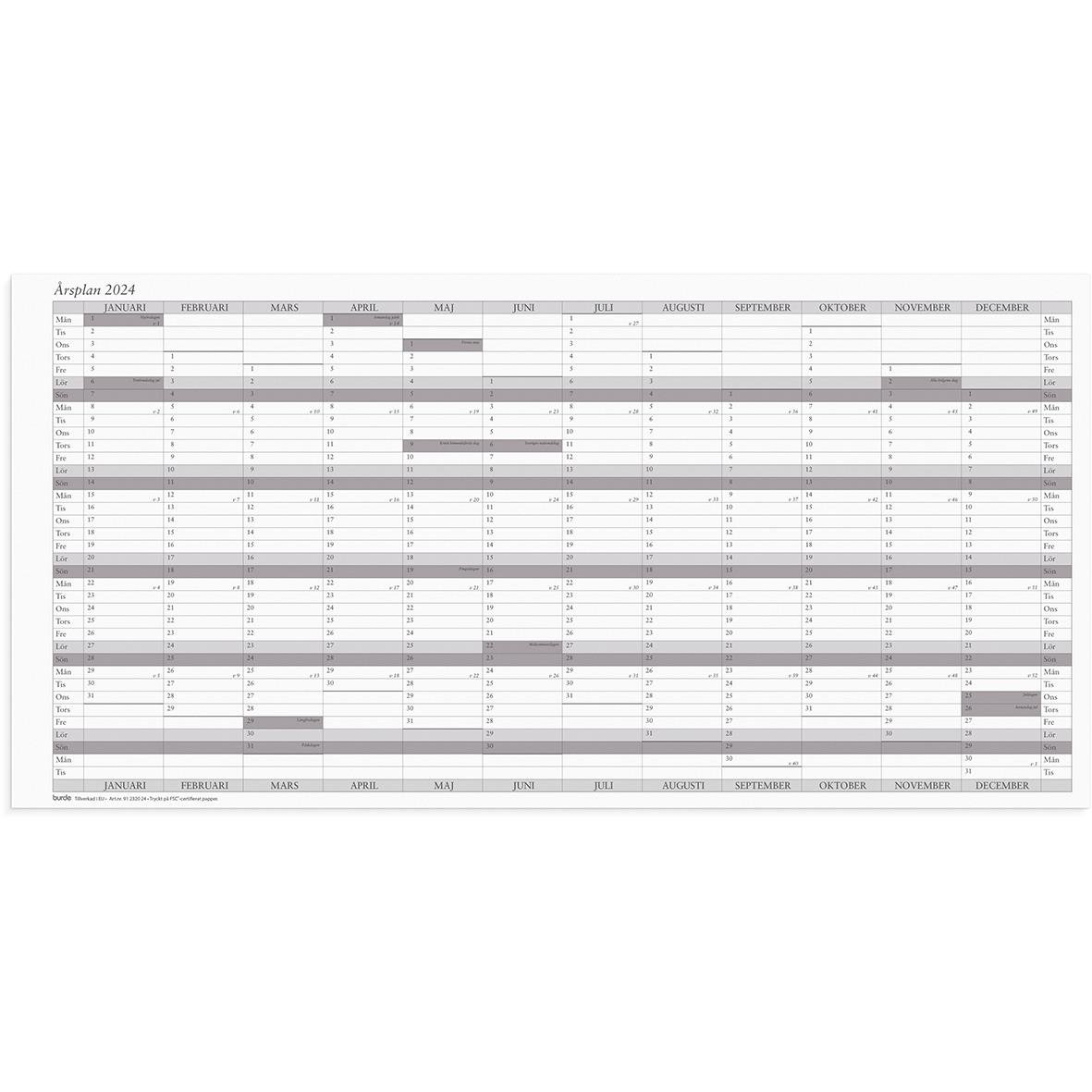 Planeringsblad för 2024 i almanacka Burde 2320 med månadsöversikt och schemaläggning