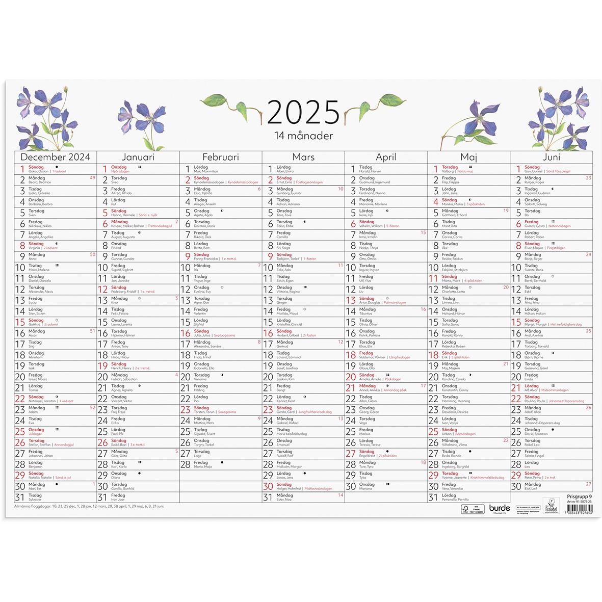 Väggkalender Burde 5076 Väggblad 14-Månaders 2025 490x360mm