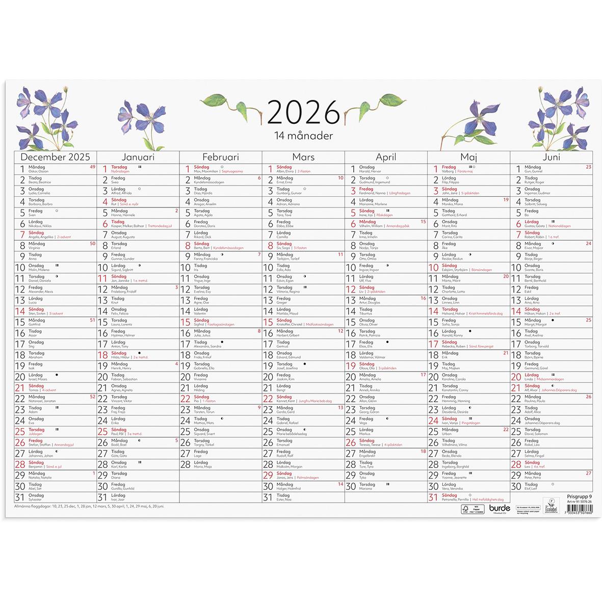 Väggkalender för 2026 med 14 månader, januari till juni, 490x360mm, dekorativa blommor och blad