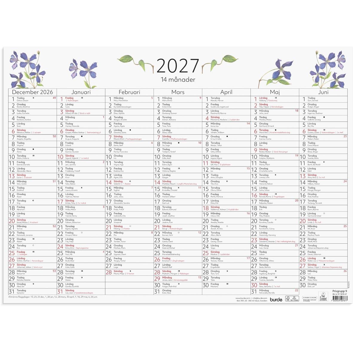 Väggkalender för 2026 med 14 månader, januari till juni, 490x360mm, dekorativa blommor och blad