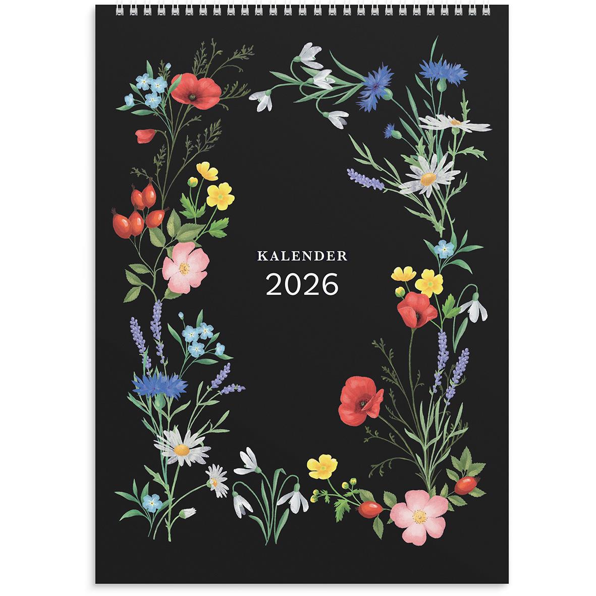 Väggkalender för 2026 med blomsterillustrationer på svart bakgrund i A4-storlek