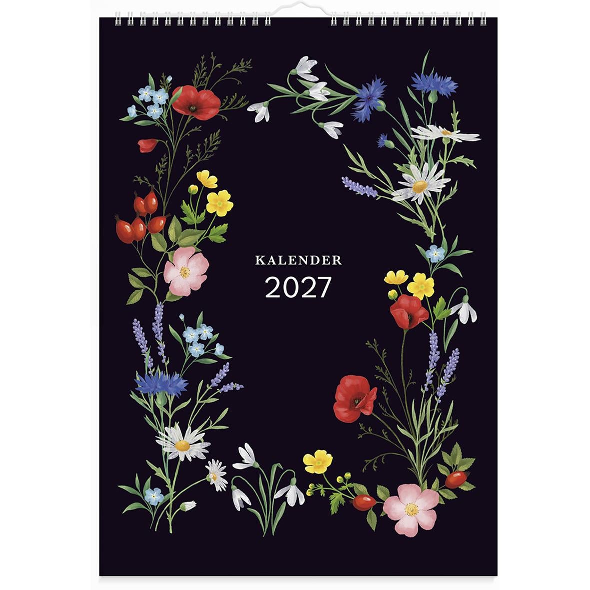 Väggkalender för 2026 med blomsterillustrationer på svart bakgrund i A4-storlek