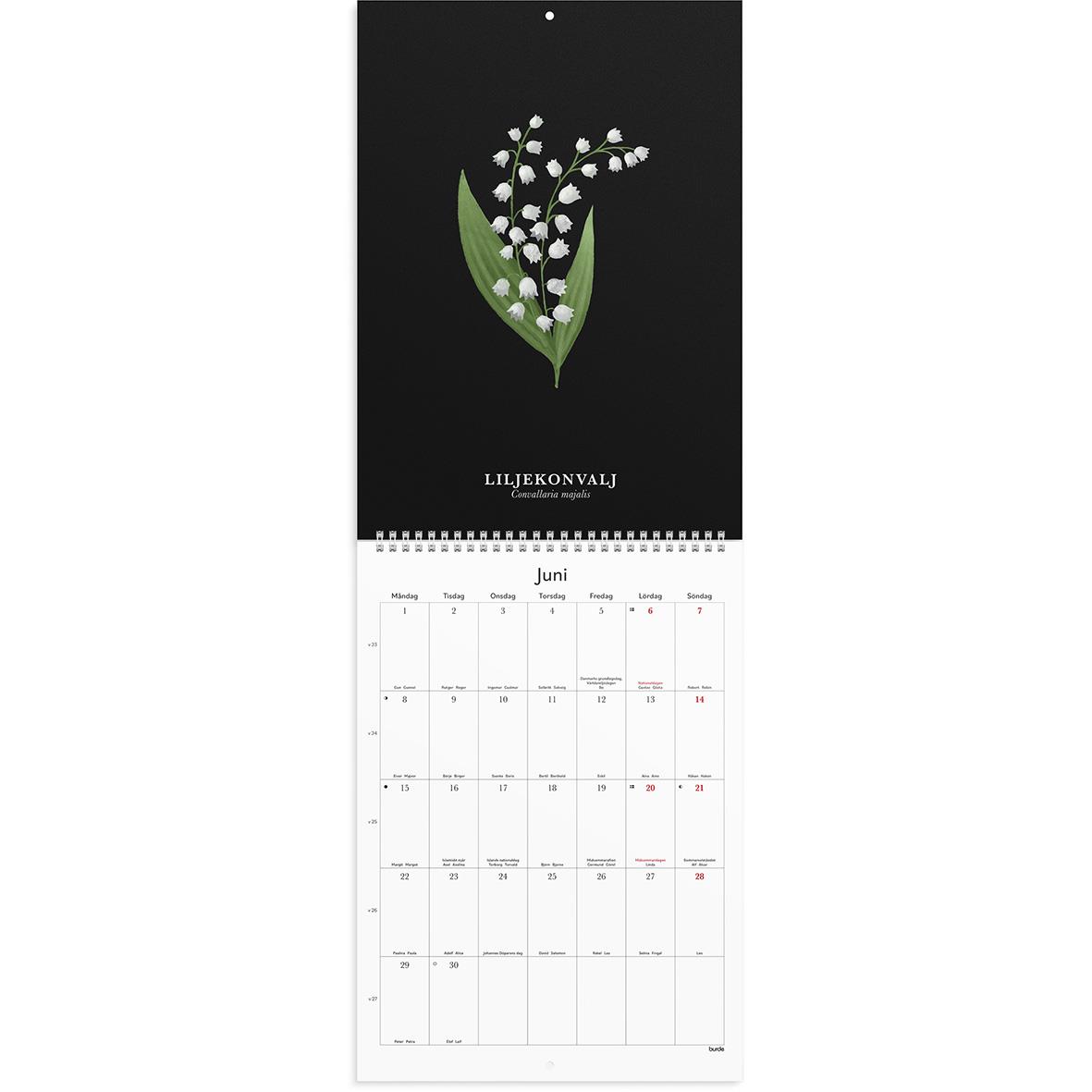 Väggkalender för juni 2026 med blomsterillustration och svart bakgrund, A4-format