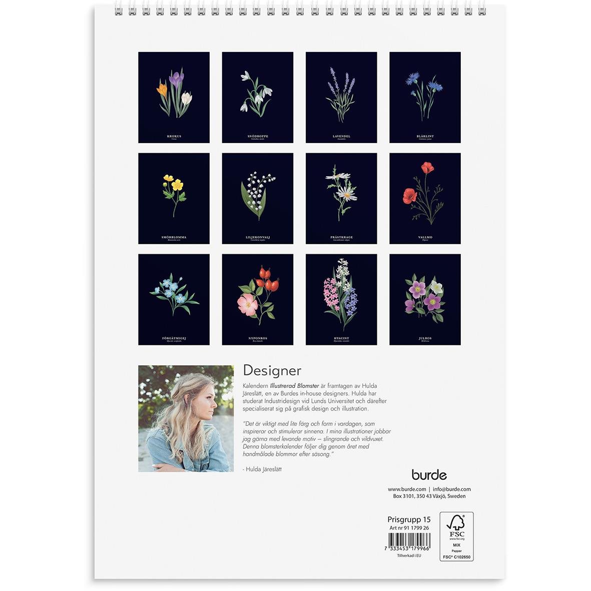 Väggkalender med illustrerade blommor för 2026 i A4-format, designad av Burde, visar 12 blomsterbilder och en bild på en kvinna.