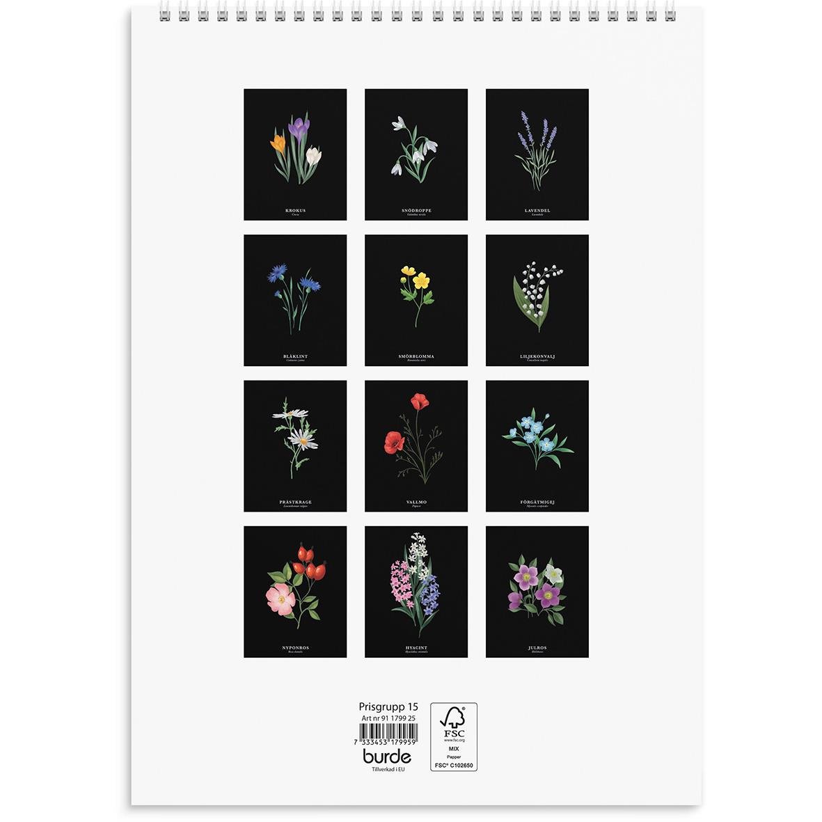 Väggkalender med illustrerade blommor för 2026, A4-format, svart bakgrund