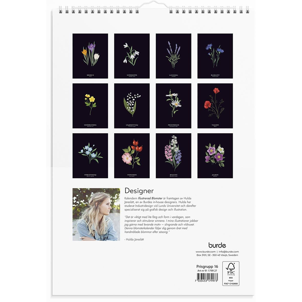 Väggkalender Burde 1799 med blomsterillustration för 2026 i A4-format