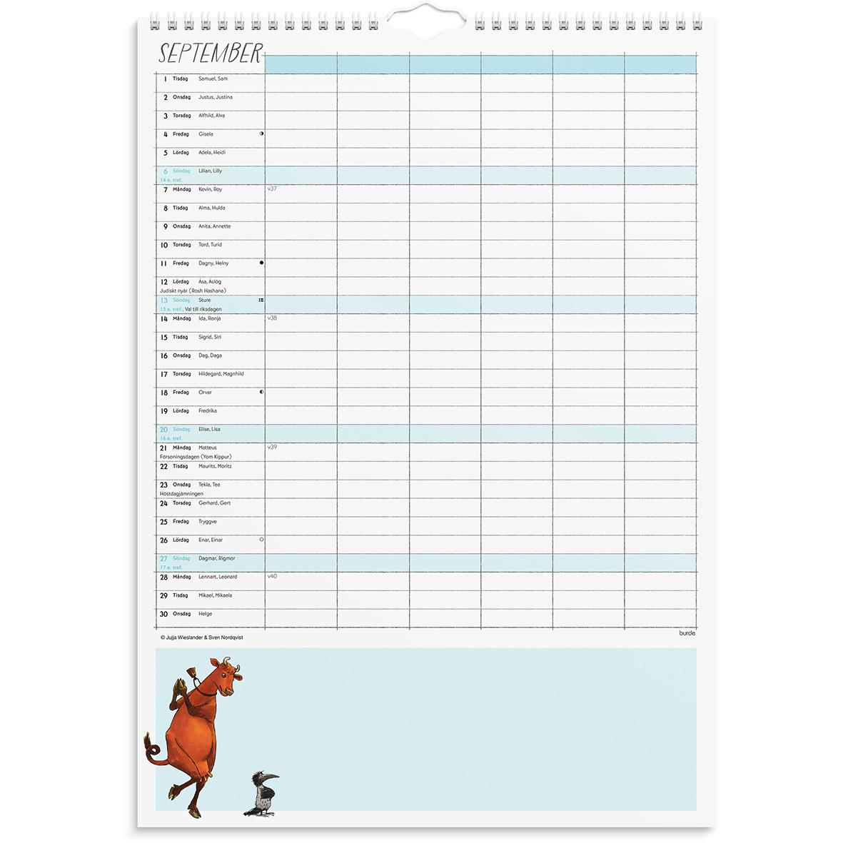 Väggkalender för familjen 2026 med Mamma Mu, A3-storlek, september månad, illustration av Mamma Mu och en mus