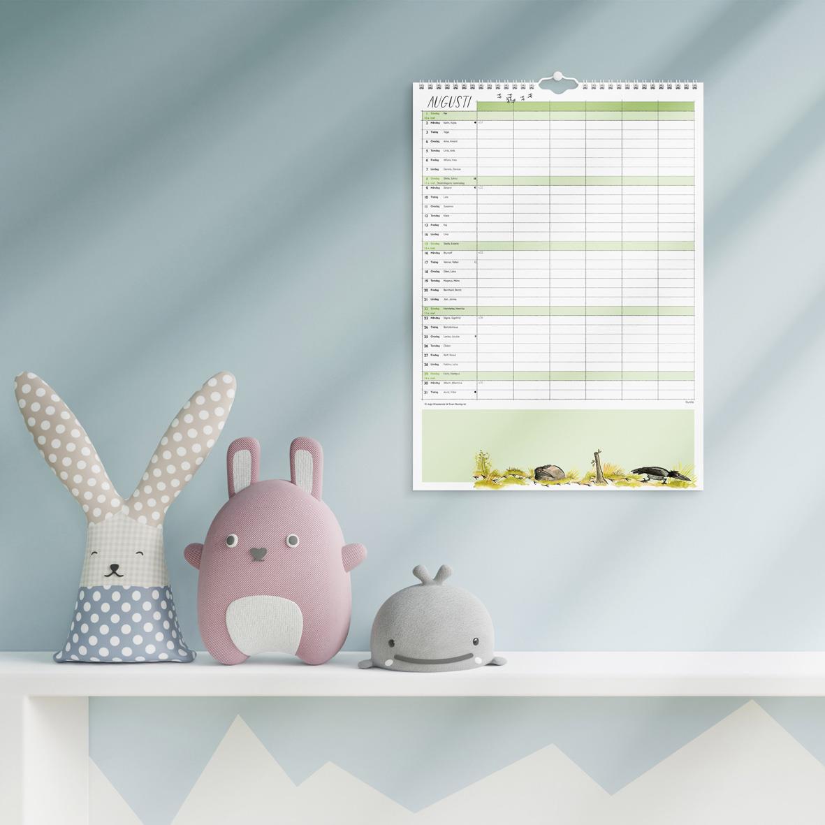 Väggkalender för familjen 2026 med Mamma Mu, A3-storlek, september månad, illustration av Mamma Mu och en mus
