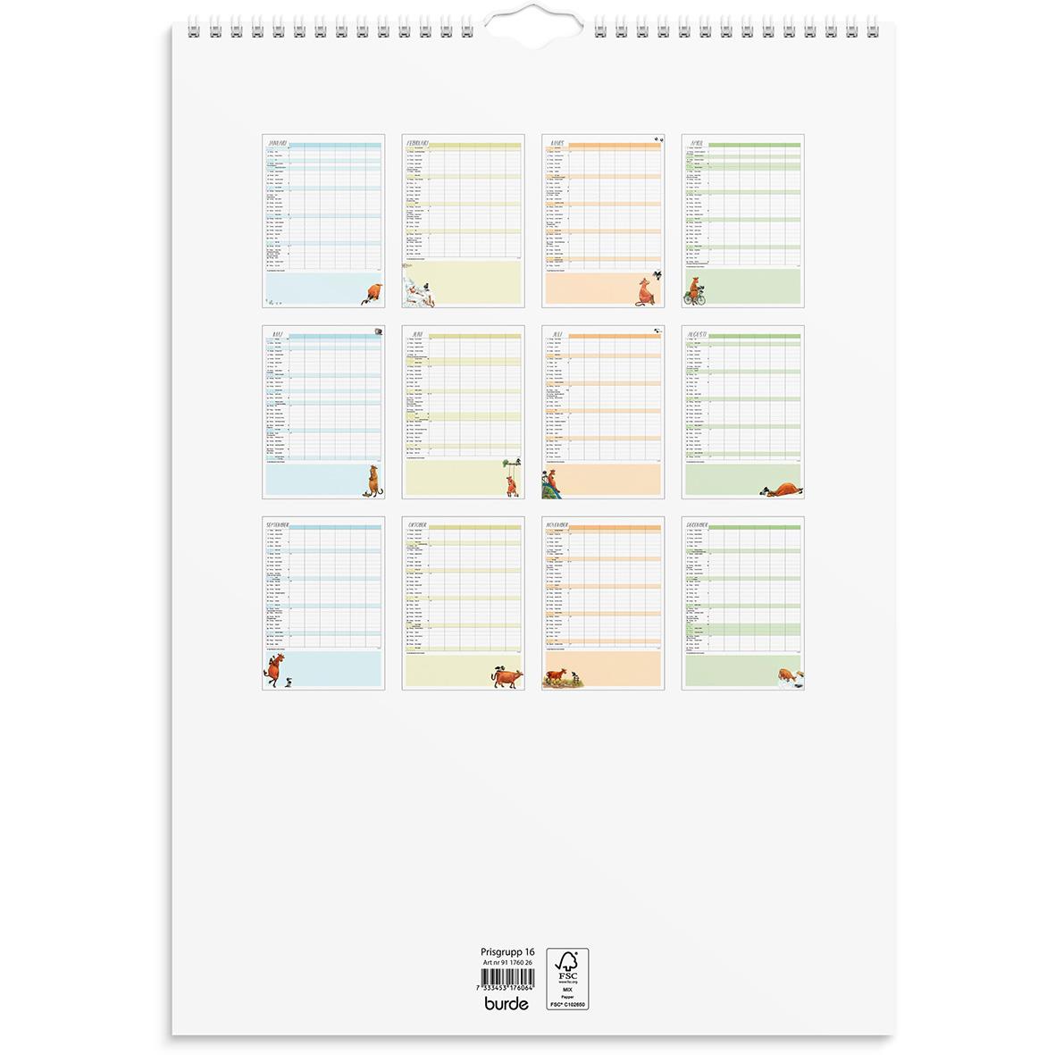 Väggkalender Burde 1760 Familjekalender Mamma Mu 2026 A3 med månadsplaner och illustrationer
