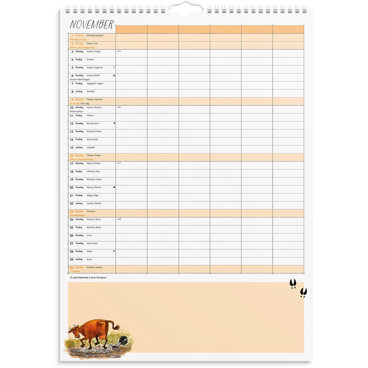 Väggkalender med familjelista för november 2026, Mamma Mu motiv, A3 storlek