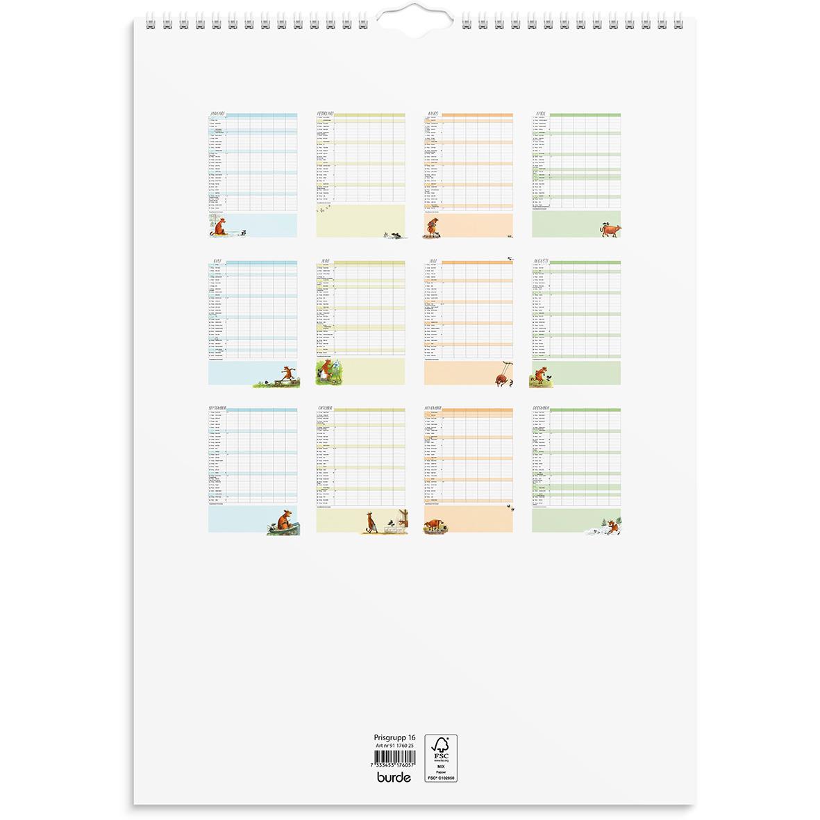 Väggkalender Burde 1760 Familjekalender Mamma Mu 2026 A3 med månadsblad och bilder av Mamma Mu och andra djur
