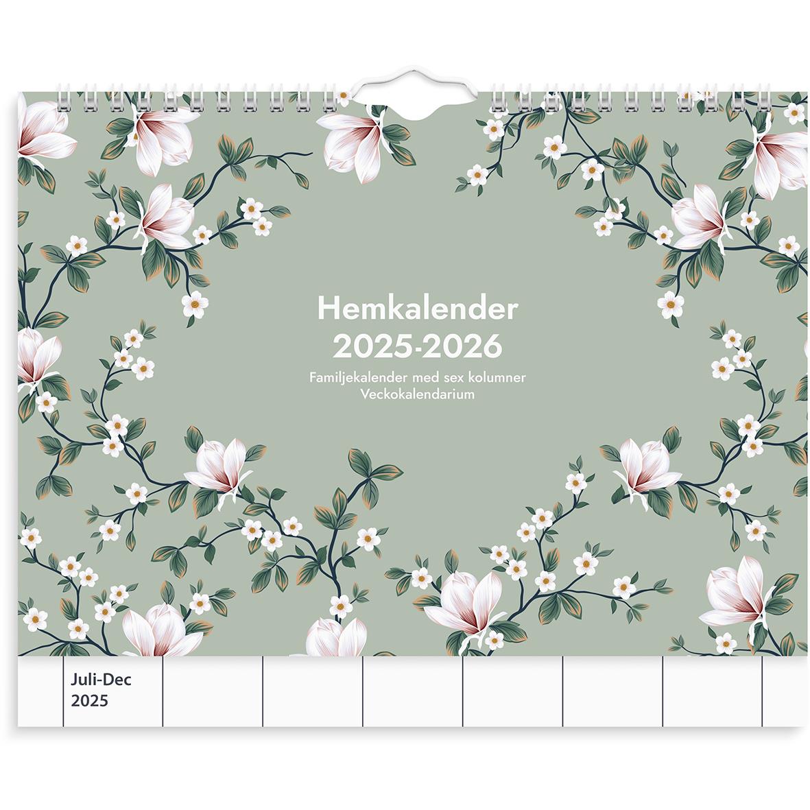 Väggkalender för 2025-2026 med blomsterdesign och plats för familjehändelser