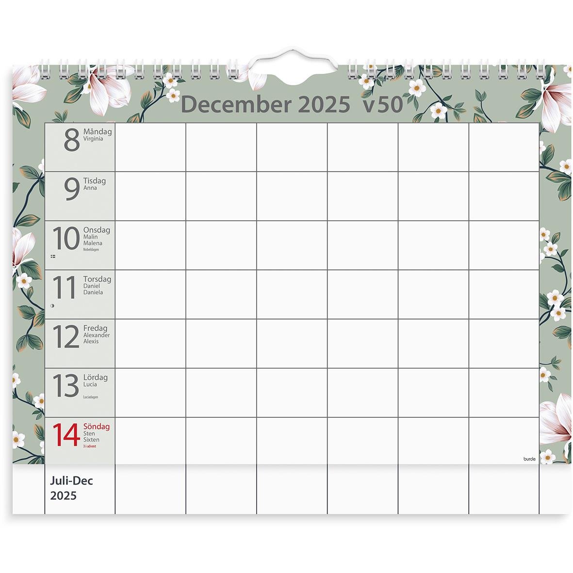Väggkalender för december 2025 med blomsterdesign och veckodagar
