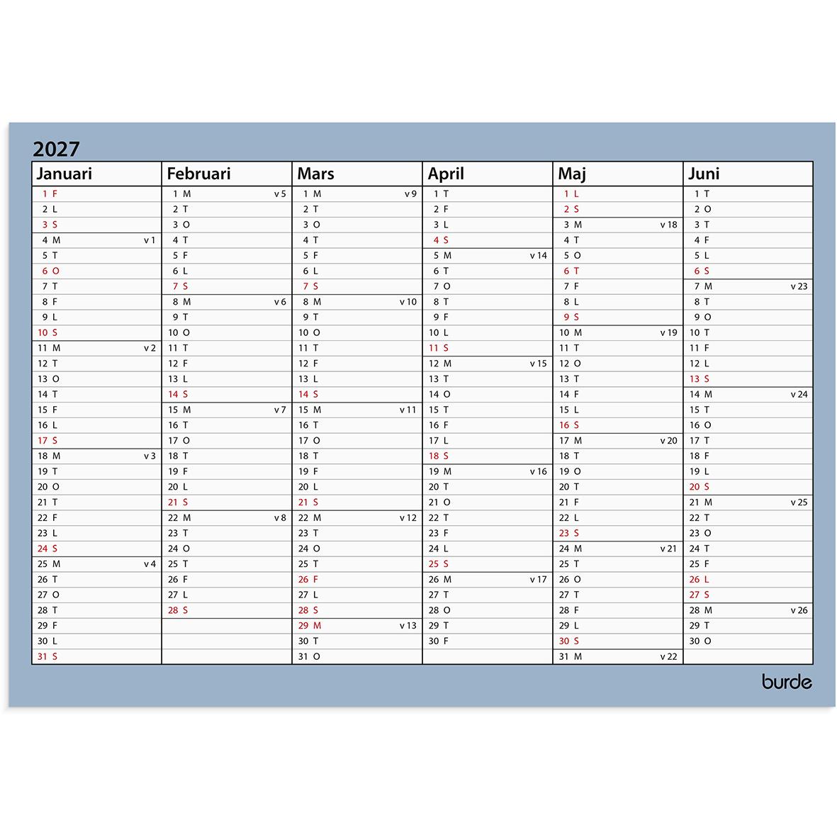 Väggkalender för 2025 med månader juli till december, visar datum och veckonummer, A4-format, Burde 5072 Väggblad