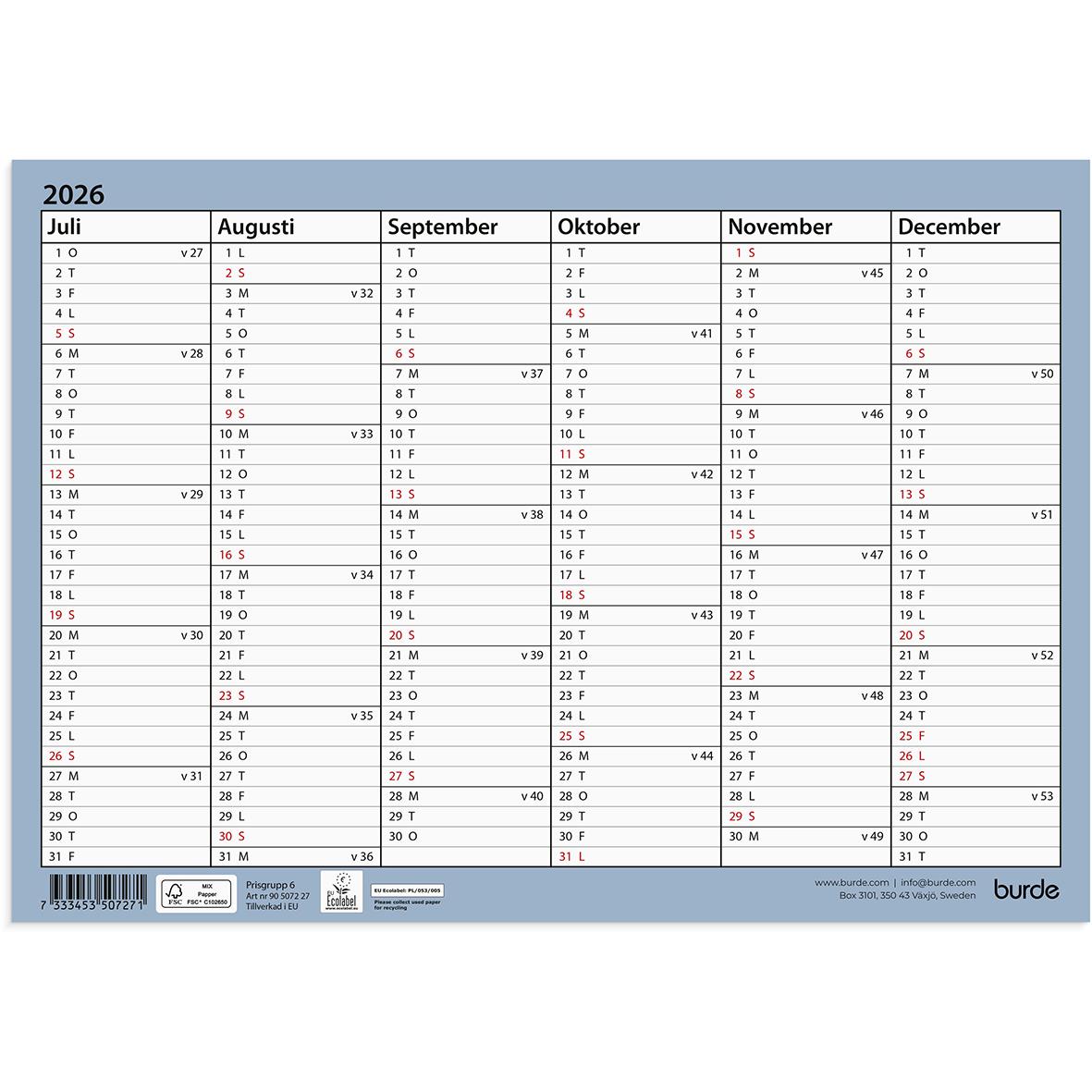 Väggkalender för 2026 med månader januari till juni, visar datum och veckonummer i A4-format