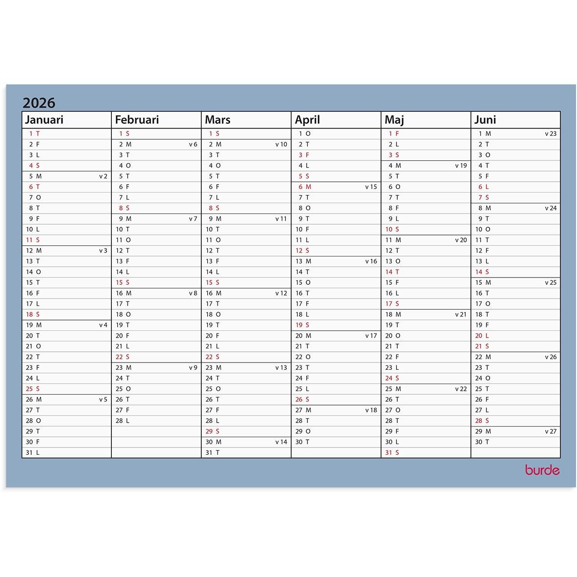 Väggkalender för 2026 med månader januari till juni, visar datum och veckonummer i A4-format