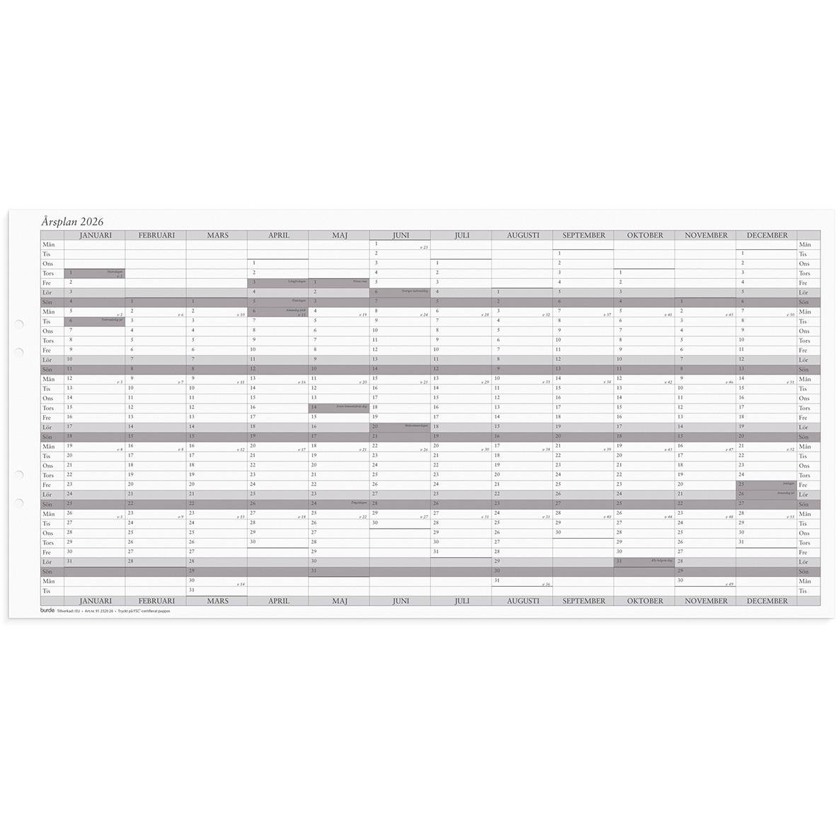 Årsplan för 2026 i en planeringsblad med månader och schemalagda aktiviteter