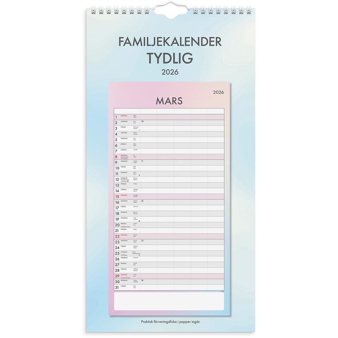 Väggkalender för familjen 2026 med tydlig månadsöversikt för mars