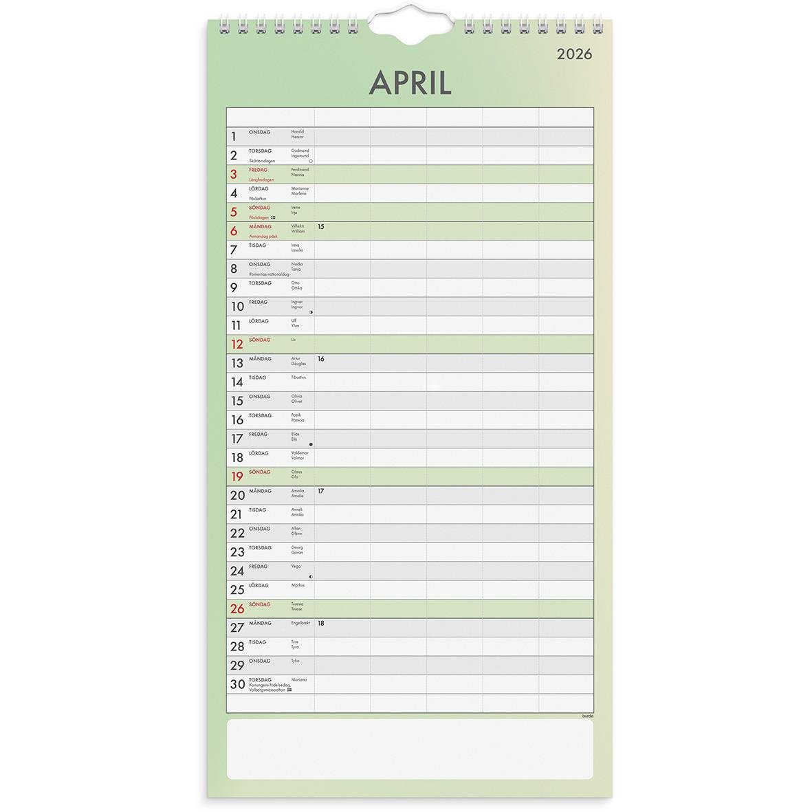Väggkalender för april 2026 med tydlig familjeöversikt och stora datumfält
