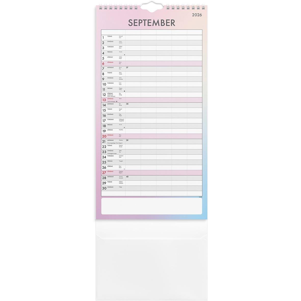 Väggkalender för september 2026 med tydlig dag- och datumuppdelning i rosa och blå nyanser