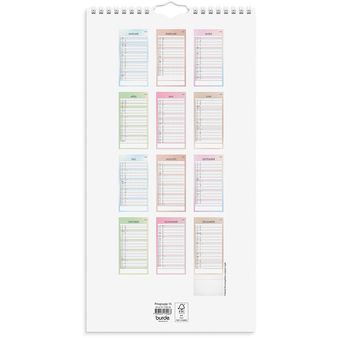 Väggkalender för familjen Burde 1792, tydlig och organiserad för 2026