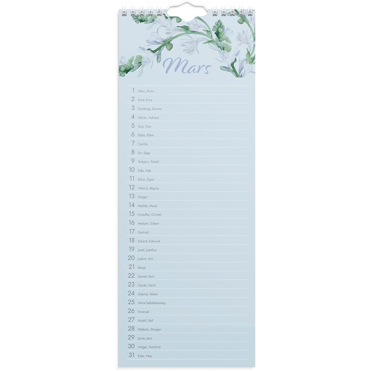 Väggkalender för mars 1890 med födelsedagar och dekorativa gröna växtmotiv