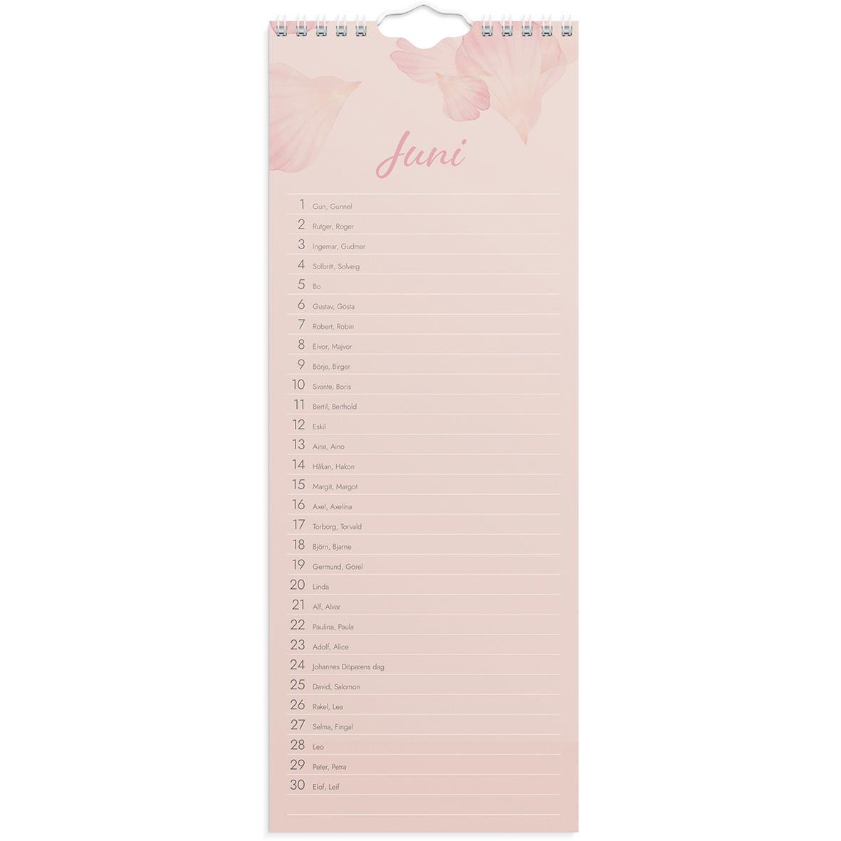 Väggkalender för juni 1890 med födelsedagar, rosa design och plats för anteckningar