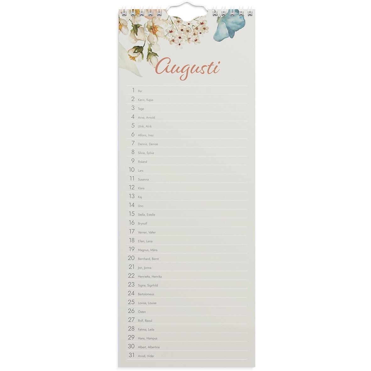 Väggkalender för augusti 1890 med födelsedagar och blommor i toppen