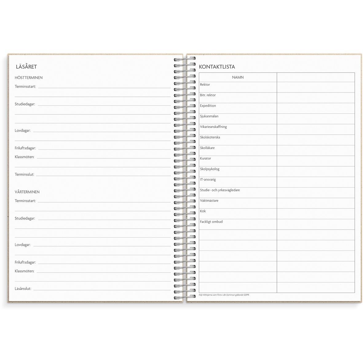 Lärarkalender med horisontell layout för 2025-26 i A5-storlek, sida för schema, veckodagar och klass