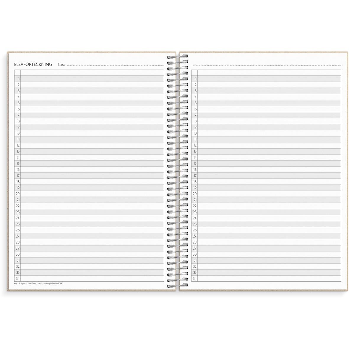 Lärarkalender med horisontell layout för 2025-26, A5-storlek, innehåller kontaktlista och plats för anteckningar