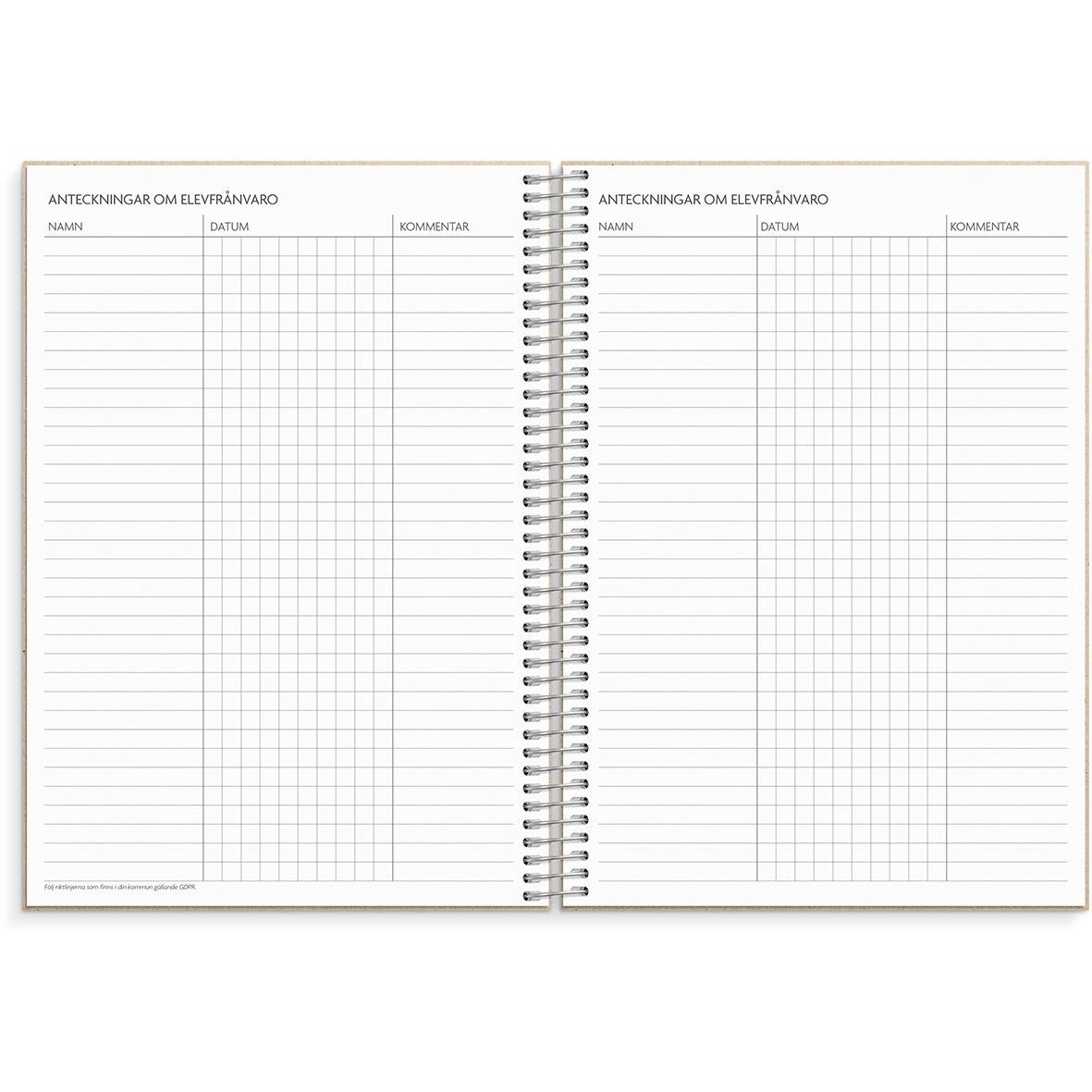Lärarkalender med horisontell layout för 2025-2026 i A5-format, med elevförteckning och plats för anteckningar