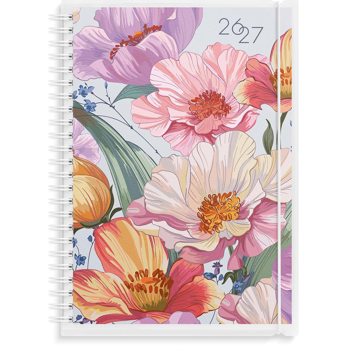 Almanacka med blommönster i rosa och lila, datum 25-26 på omslaget